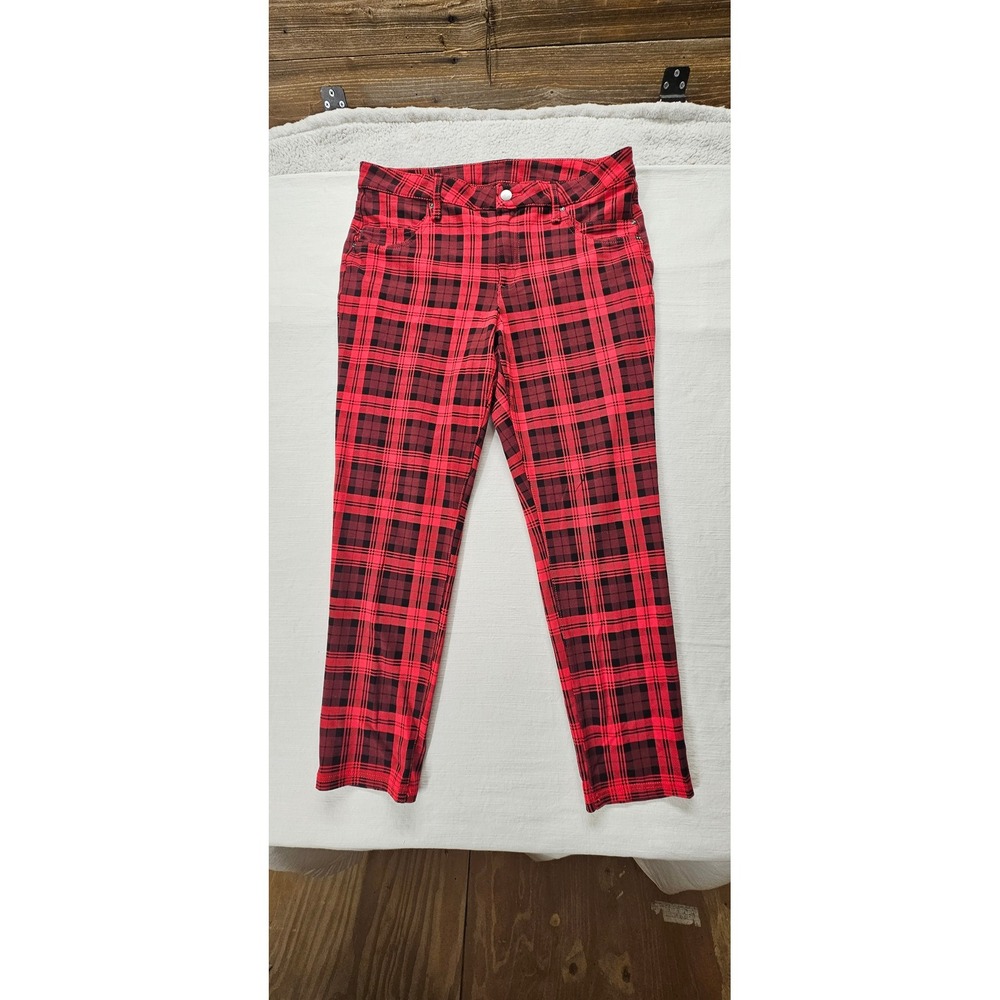 Time and Tru Womens Red Black Plaid Skinny Pants Size 14 Tartan Check Trousers